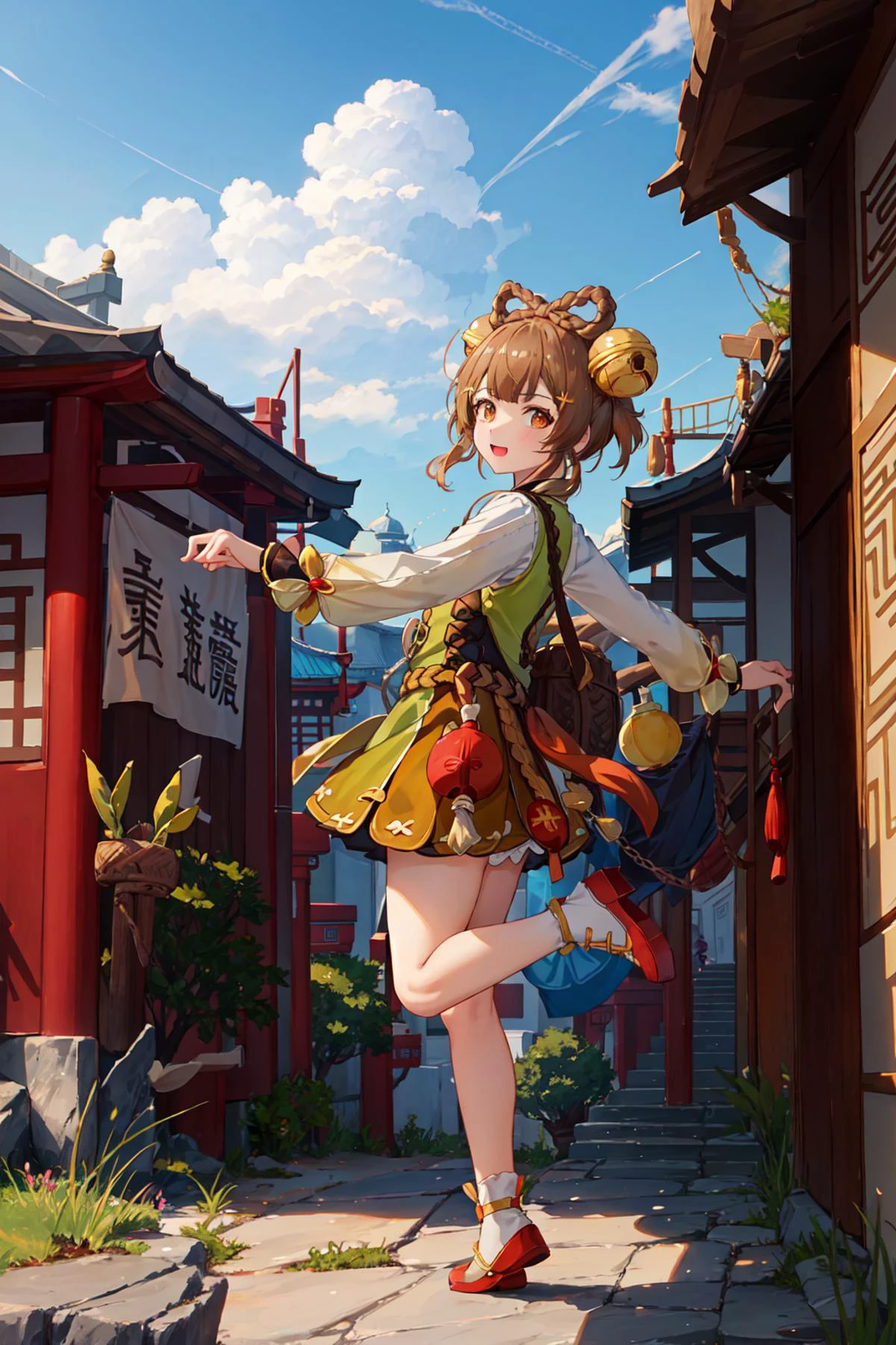 yaoyaodef, full body, ,  dancing, :D, outdoors, day, pose,  basket, blue sky, short hair, sky, Chinese temple, looking at viewer,  full body, 