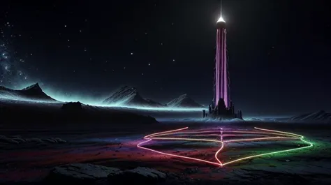 a large tower with a neon light in the middle of it