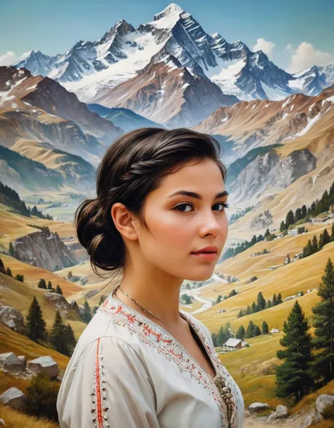 a woman in a white dress standing in front of a mountain