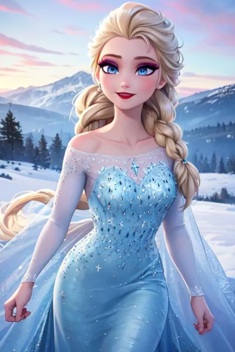 (masterpiece:1.2), (best quality), (ultra detailed), (8k, 4k, intricate),(full-body-shot:1), (highly detailed:1.2),(detailed face:1.2), (detailed background),detailed landscape, (dynamic pose:1.2), elsa, 1girl, solo, long hair, smile, blue eyes, blonde hair, dress, braid, single braid, makeup, hair over shoulder, eyeshadow, snowflakes,