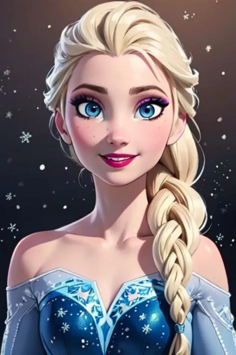 (masterpiece:1.2), (best quality), (ultra detailed), (8k, 4k, intricate),(full-body-shot:1), (highly detailed:1.2),(detailed face:1.2), (detailed background),detailed landscape, (dynamic pose:1.2), <lora:elsa:0.7>elsa, 1girl, solo, long hair, smile, blue eyes, blonde hair, dress, braid, single braid, makeup, hair over shoulder, eyeshadow, snowflakes,