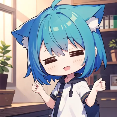 <lora:hotarueye_comic3_type2:1>, 1girl, (chibi:1.4), smile, open mouth, upper body, standing, animal ear, blue hair, indoors