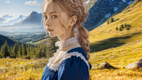 (masterpiece) hdr victorian portrait painting of (girl), blonde hair, mountain nature, blue sky