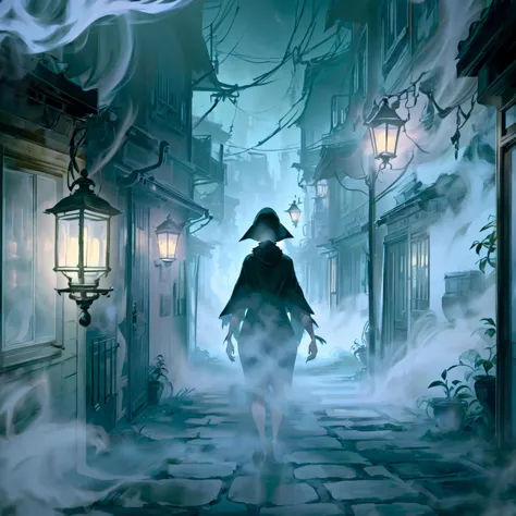<lora:WorldofMist:1>, worldofmist, a cloaked woman in a dark alleyway, lit by lantern, mysterious, shady