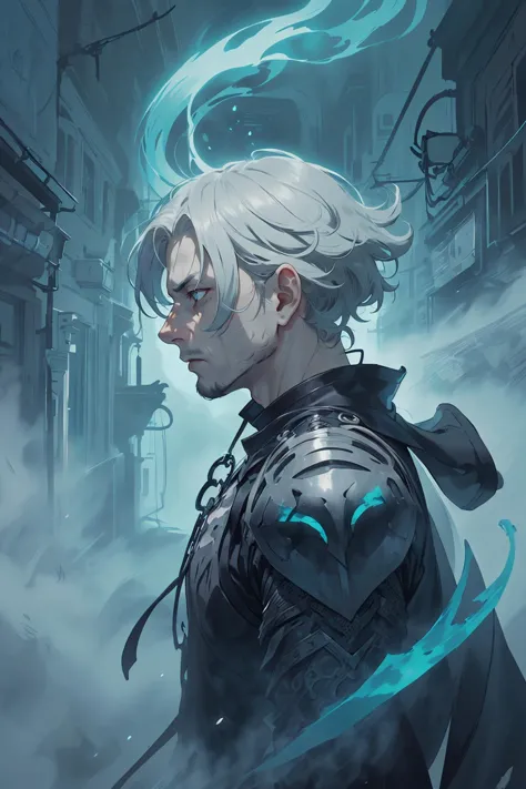 a man with white hair and glasses standing in a city