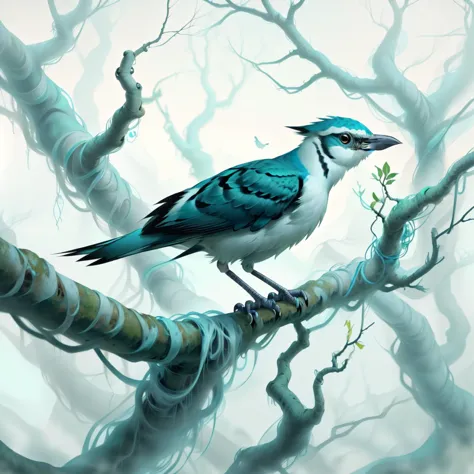 worldofmist, a bird, perched on a withered tree