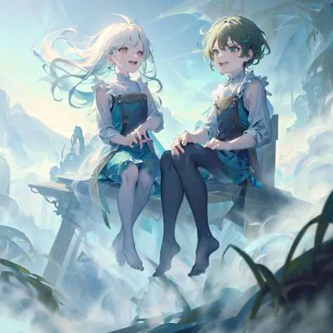 <lora:WorldofMist:1>, worldofmist, two children sitting on a hill, laughing