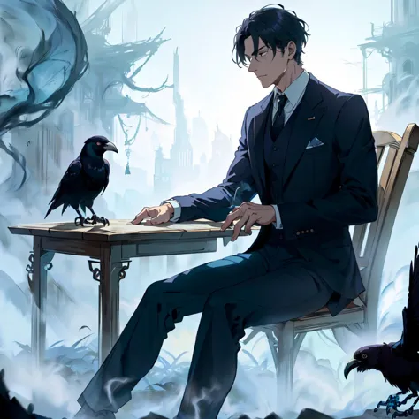 <lora:WorldofMist:1>, worldofmist, a man in an expensive suit, sitting at a table, a raven perched on his shoulder