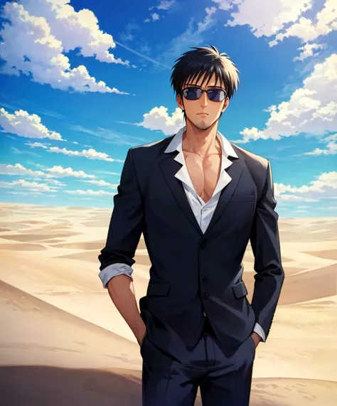 a man in a suit and sunglasses standing in the desert