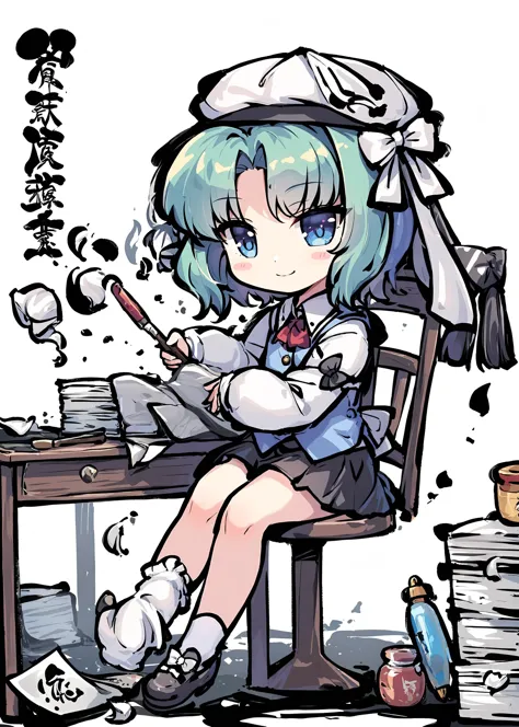 1girl,tokiame,ink,
shiki eiki,
ink, crumpled paper, white bow, blush stickers, white socks, full body, skirt, short hair, crossed ankles, ribbon, footwear bow, socks, paintbrush, shoe dangle, blue vest, chair, blush, hat, miniskirt, long sleeves, chibi, sleeve bow, on chair, sitting, simple background, green hair, desk, white ribbon, single shoe, white background, smile, solo, blue eyes, paper, calligraphy brush, bow, paper stack, vest, shoes, black skirt, rod of remorse,
masterpiece, newest, absurdres, safe
<lora:a31_style_tokiame_v2:1>  ,