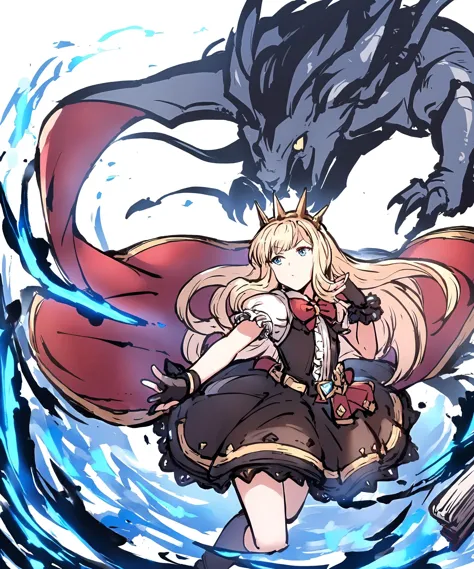 1girl,
cagliostro \(granblue fantasy\),
tokiame,
ink, dress, black gloves, red skirt, partially fingerless gloves, shirt, white shirt, solo, book, frilled gloves, red bowtie, blonde hair, gem, bowtie, long hair, red bow, bow, very long hair, blue eyes, elbow gloves, frills, black dress, dragon, looking up, cape, bracer, red cape, wrist cuffs, crown, gloves, skirt,
masterpiece, newest, absurdres, safe
<lora:kohaku_delta_style_tokiame_v2:1>