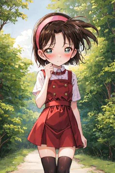 ayumiyoshida, child, blue eyes, short hair, brown hair, bangs, hairband, short dress, embarrassed, blush, standing, forest <lora...