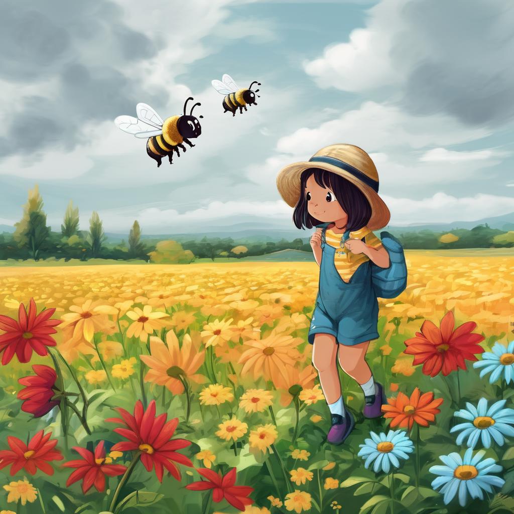 A painting of a girl in a field of flowers with a bee flying above her -  SeaArt AI