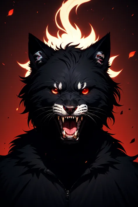 Hellaine Style, solo, looking at viewer, open mouth, red eyes, 1boy, animal ears, upper body, male focus, teeth, glowing, fangs, sharp teeth, glowing eyes, red background, furry, furry male, whiskers, embers, black fur, <lora:Hellaine:0.5>