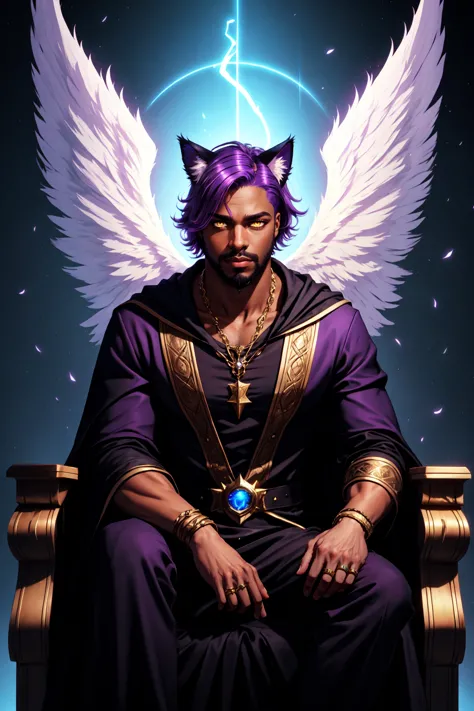 a man with purple hair sitting on a throne with wings