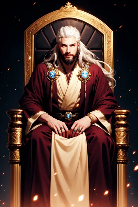 <lora:Hellaine:0.5> Hellaine Style, solo, long hair, looking at viewer, 1boy, jewelry, sitting, yellow eyes, white hair, male focus, wide sleeves, glowing, facial hair, ring, glowing eyes, beard, robe, throne