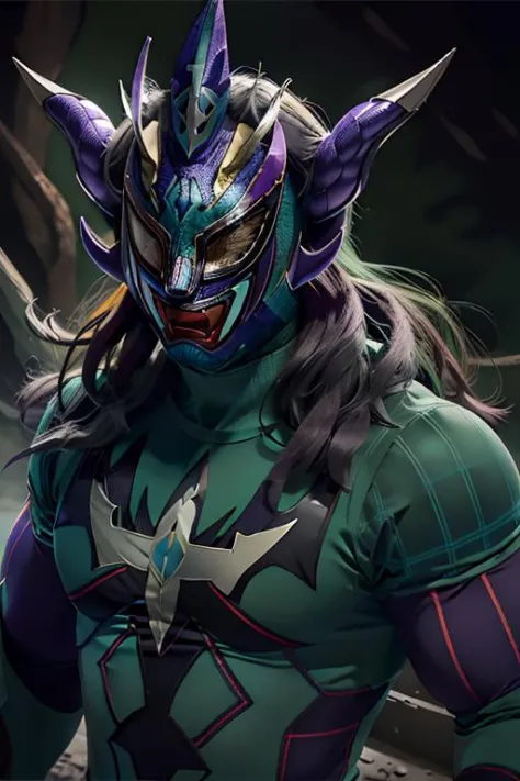 a plaid green and purple masked man, masterpiece, (ultrarealistic:1.3), highly detailed, dynamic <lora:JushinLiger:1>
