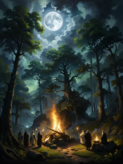 a painting of people sitting around a campfire in the woods