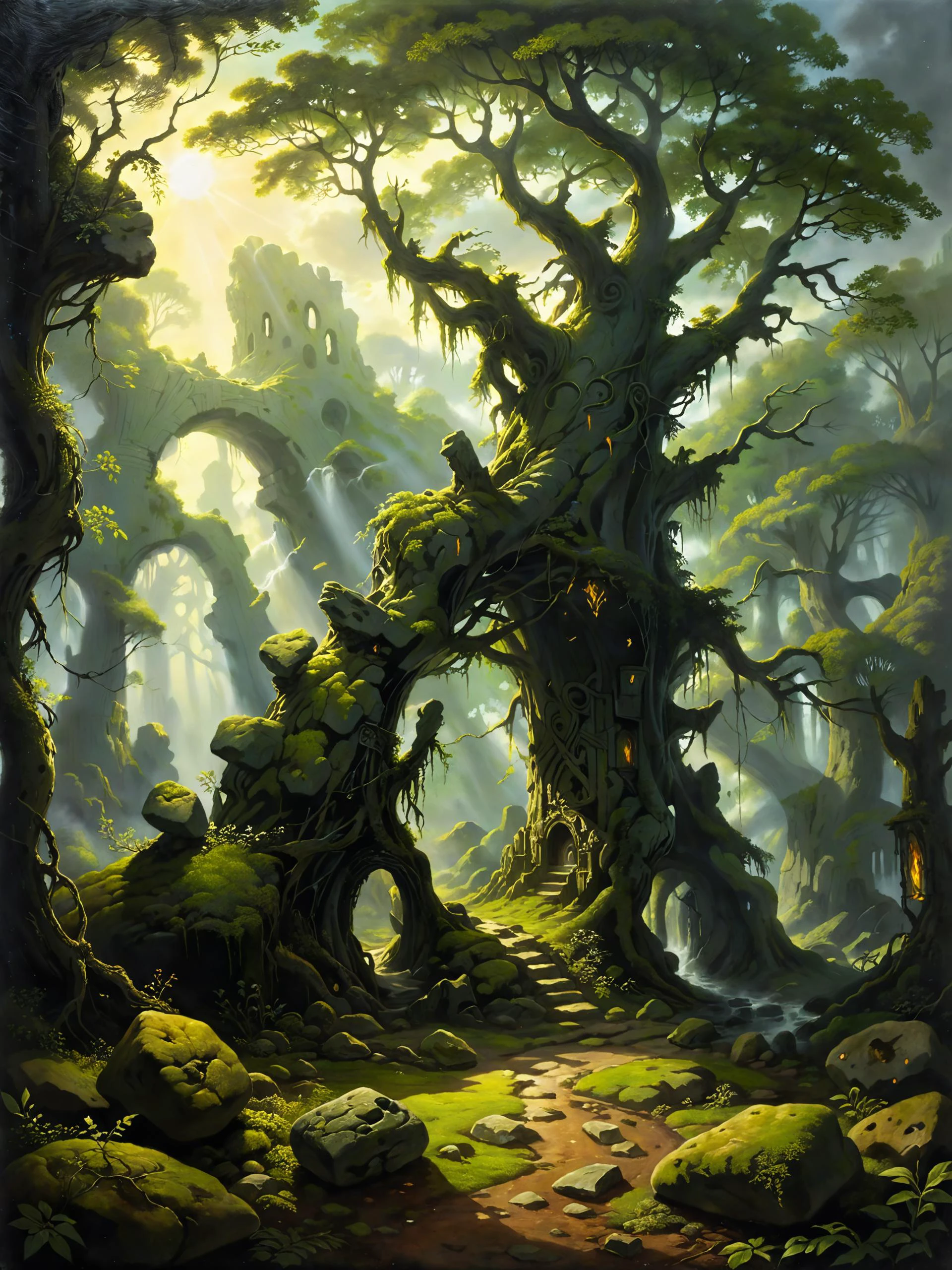 famous oil painting about fate and destiny, by (roger dean:1.2) and g30rg3b4rr3tsr, in the heart of an ancient overgrown gnarled forest, whispers of the wyrd drift through the tangled branches, mystical runes etched into ancient stones mark the intersection of mortal paths and cosmic forces, moss-coverd outliers, standing stones, magic, magical, dramatic sky, dappled light, dark corners, low-key, atmospheric, aesthetic, ethereal, ultra detailed