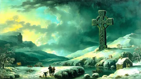 painting of a cross in a snowy landscape with a man and a dog