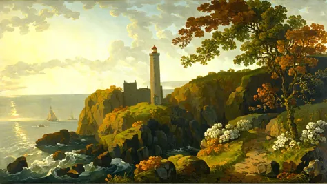 painting of a lighthouse on a rocky coast with a boat in the distance