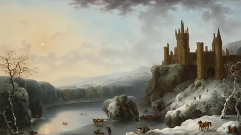 painting of a castle on a snowy mountain with a river in the foreground