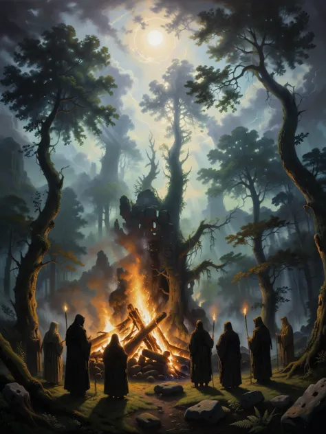 a painting of people standing around a campfire in the woods