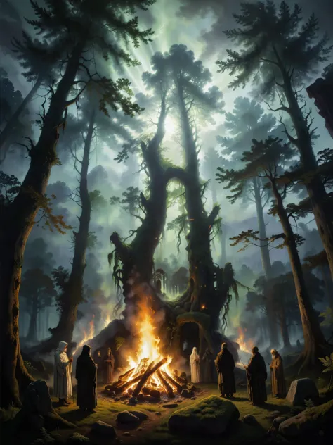 a group of people standing around a campfire in the woods