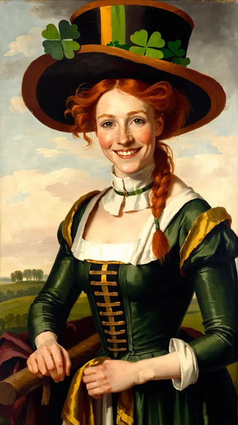 painting of a woman in a green dress and hat with a cane