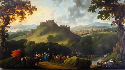 painting of a painting of a castle with people standing in front of it