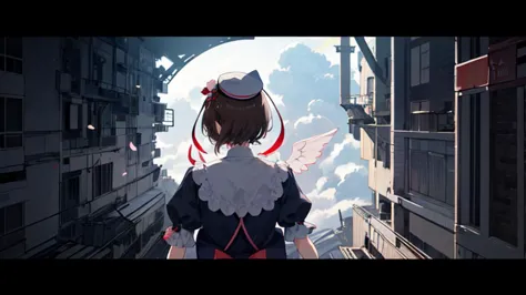 anime girl in a city with a sky background