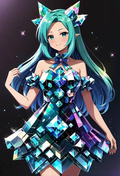 anime style, a woman wearing a dress made out of crystalized bismuth