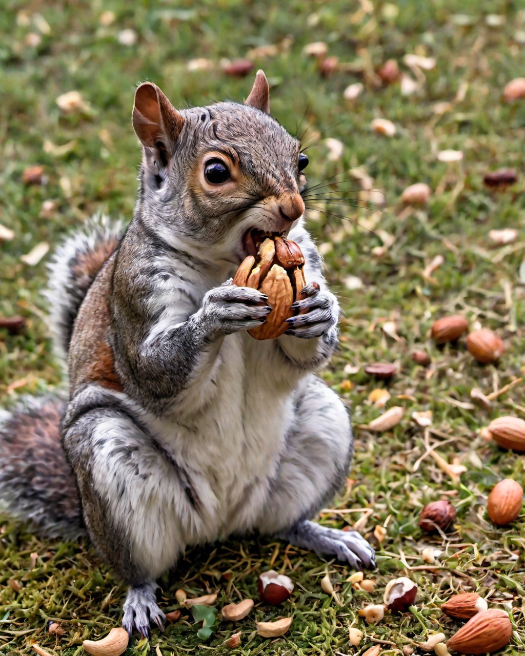 Ardilla sentada en el suelo comiendo una nuez en la boca - SeaArt AI