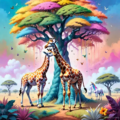 {"prompt": "((oil painting)), 1 giraffe, many unicorns, A traditional African landscape ((The giraffe is bigger all the others i...