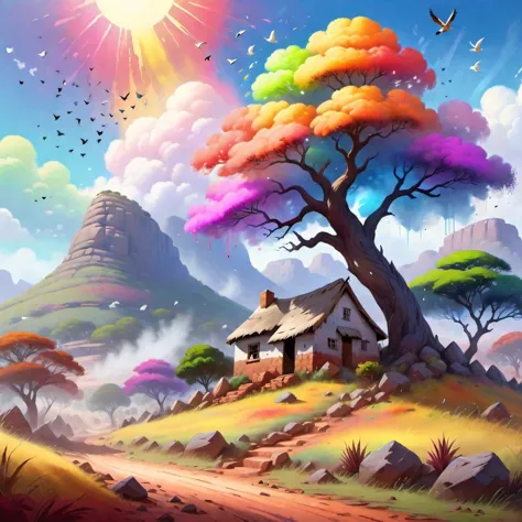 {"prompt": "\"Mountain Landscape with Misty Aura, Traditional South African Landscape, Rocky Terrain, Human Habitation, Vibrant ...