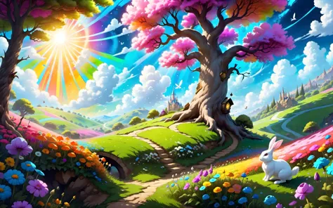 {"prompt": "Trees and flowers in a field, award wining digital art , inspired by Alice in Wonderland. Strong psychedelic theme, ...