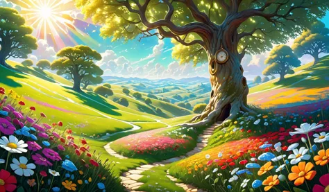 {"prompt": "a painting of trees and flowers in a field, a digital painting, inspired by Alice in Wonderland with a strong psyche...