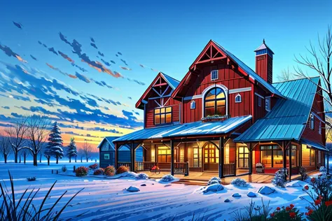 farm in the heartland of America at the crack of dawn in the dead of winter,, (Architectural style :1.3), colorful chaos, vivid ...