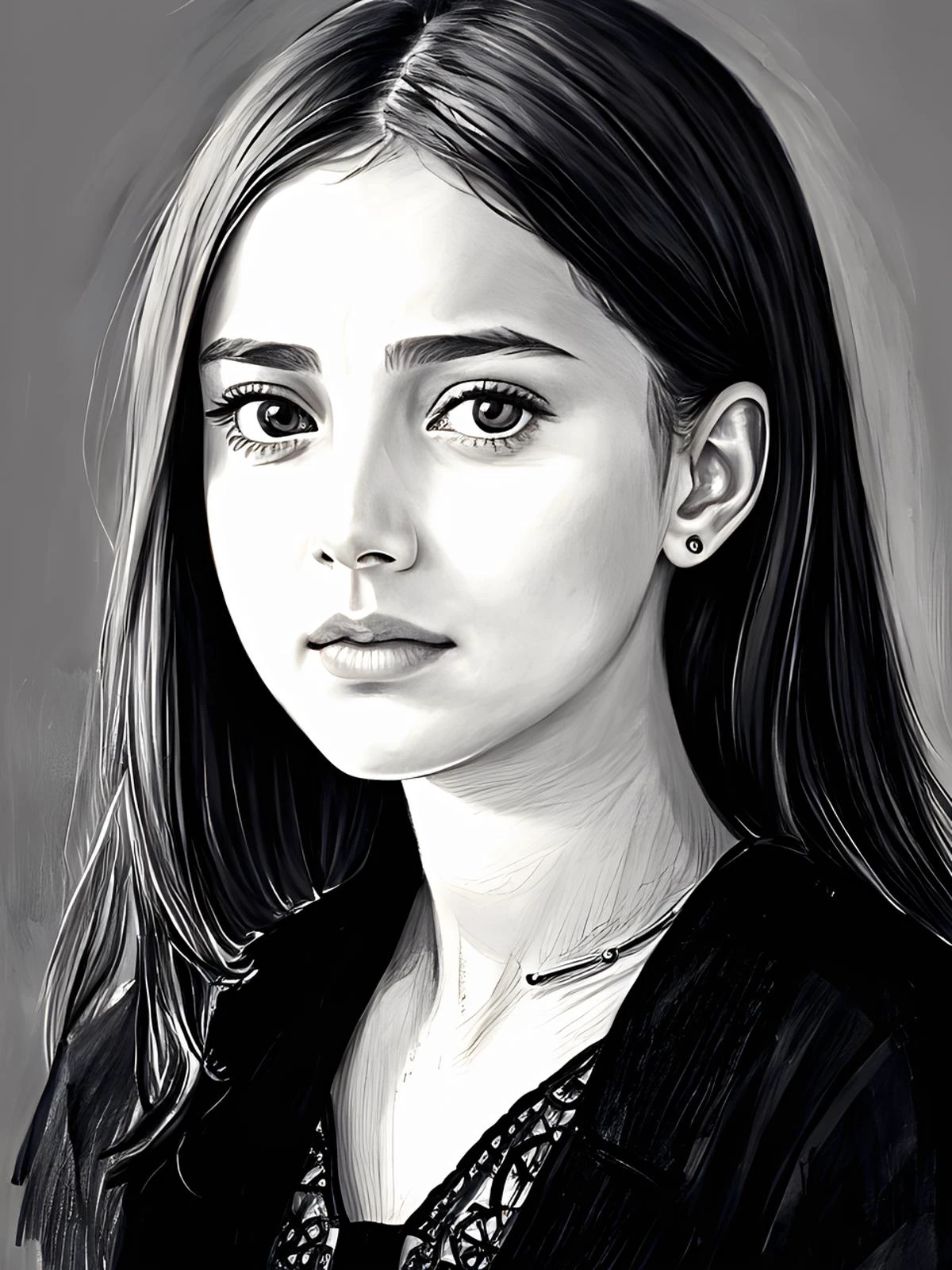 Porträt eines 21 Jahre alten Mädchens, hübsches Gesicht, pencil skizzieren, 8k, kompliziert, beste Qualität, absurdesten, Bleistiftzeichnung, Meisterwerk, hohe Detailgenauigkeit, skizzieren, Trauriger Blick