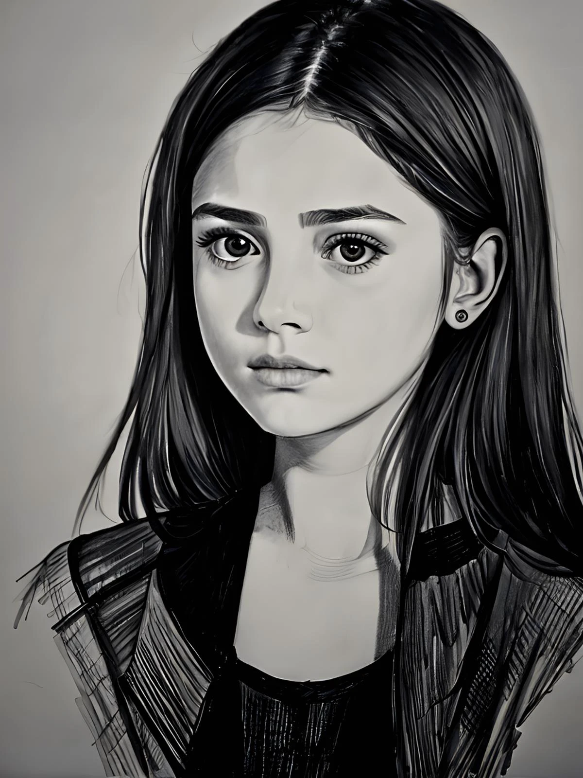 Portrait of a 21 year old girl, pretty face, pencil sketch, 8k, intricate, best quality, absurdres, pencil drawing, masterpiece, high detail, sketch, sad look
