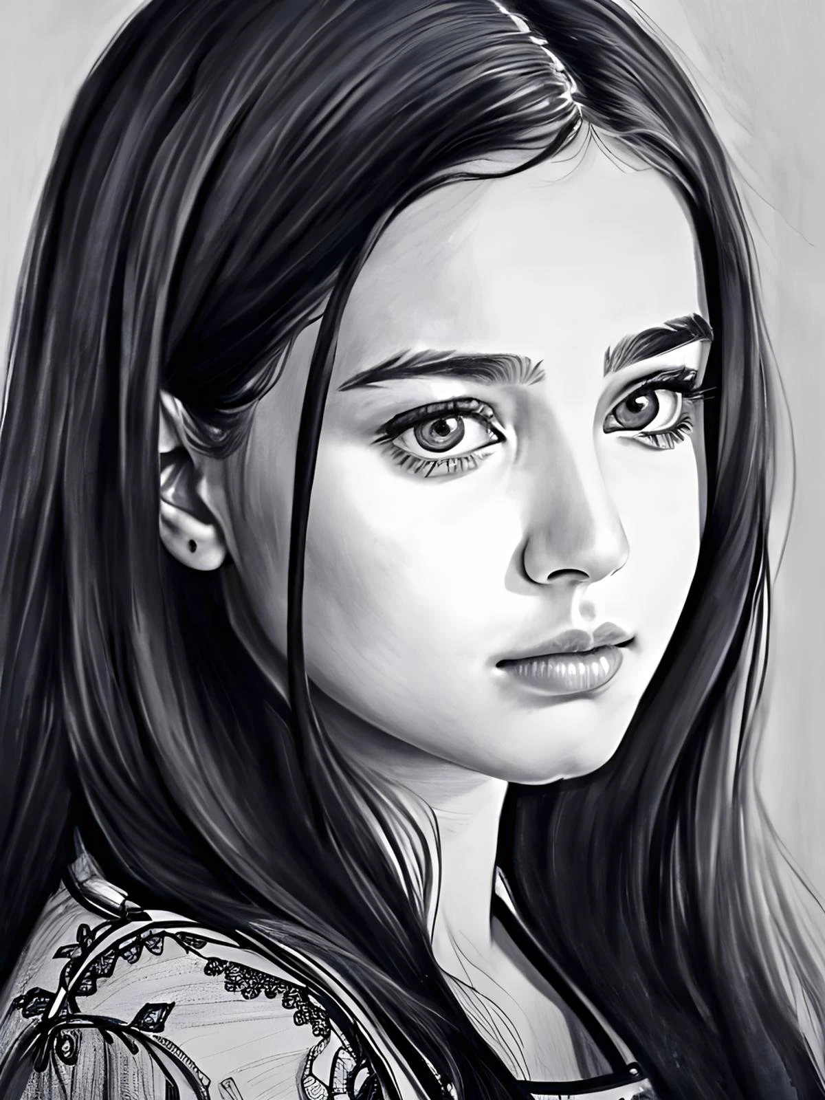 Portrait of a 21 year old girl, pretty face, pencil sketch, 8k, intricate, best quality, absurdres, pencil drawing, masterpiece, high detail, sketch, sad look