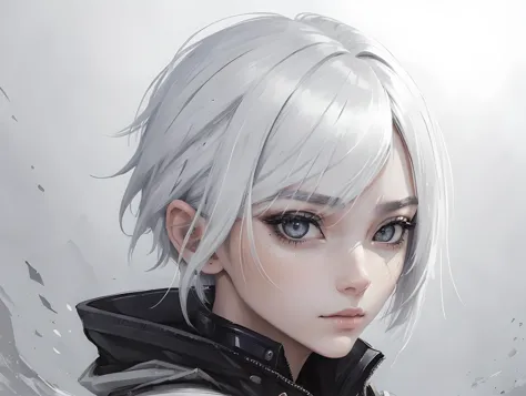 ((high quality, masterpiece:1.4)), 1girl, upper body, cyberpunk, hair tied up, hair between eyes, black techwear, black techwear jacket, ((white hair:1.2)), japanese girl, symmetrical face, symmetrical eyes, looking at viewer, grey eyes, pretty face, beautiful face, beautiful eyes, beautiful girl, pretty girl, perfect facial shape, absurdres, realistic proportions, dynamic pose, high details, intricate, intricate details, realistic eyes, realistic eye proportions, sharp focus, 32k, realistic lighting, extreme details, realistic pupils, realistic proportion eyes, realistic proportions pupils, realistic shadows, <lora:urbanSamuraiClothing_urbansamuraiV03:0.6>, <lora:artgermStyleLora_artgermV2:0.2>, artgerm style, artgerm