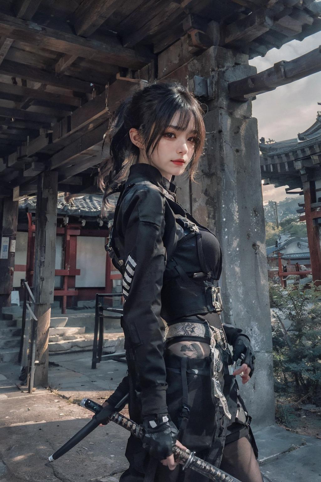 A close up of a woman in a black leather outfit holding a sword - SeaArt AI