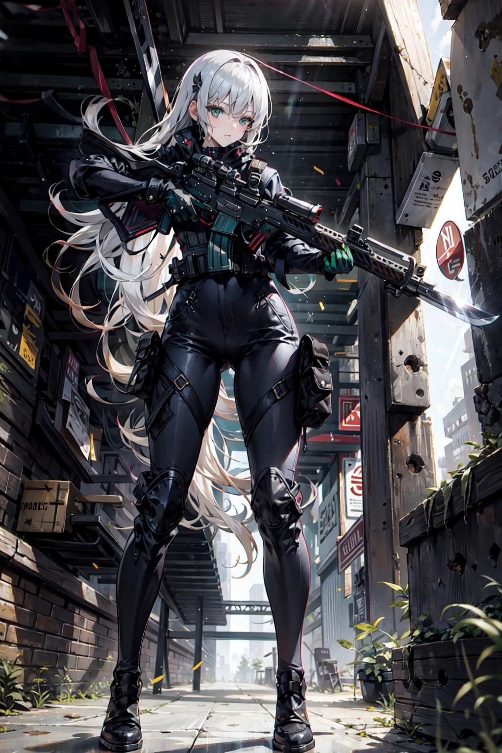 {{masterpiece, best quality, extremely detailed CG, unity 8k wallpaper, cinematic lighting, lens flare}}, a girl shooting a rifle, wide view, full body, thick body, long blond hair, green eyes, (holding weapon, holding rifle,aiming,aim:1.4), gun, h&k hk416, carbine, open fire, firing,