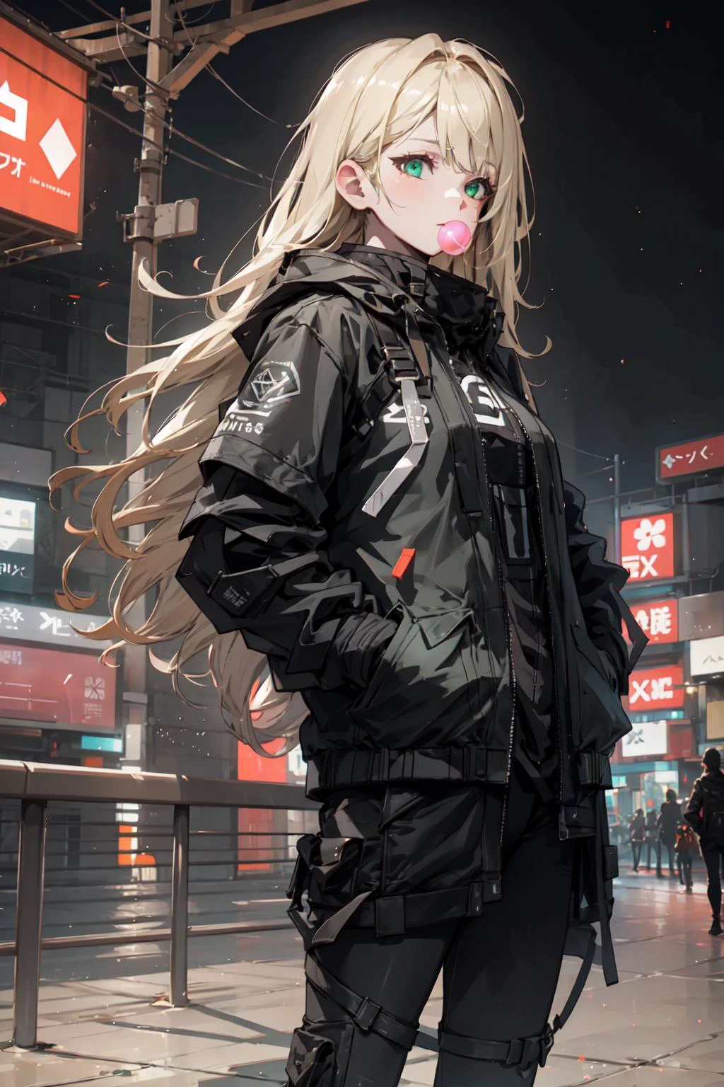 a girl blowing a big bubblegum with both of her hand in her pocket , (hands in pocket:1.4),  (big bubblegum:1.4), (Shibuya:1.4), (night lights:1.4), (Thick Body:1.4), (Long Blond Hair:1.4), Green Eyes, HDR (High Dynamic Range), Ray Tracing, NVIDIA RTX, Super-Resolution, Unreal 5, Subsurface Scattering, PBR Texturing, Post-Processing, Anisotropic Filtering, Depth-Of-Field ,Maximum Clarity And Sharpness, Multi-Layered Textures, Albedo And Specular Maps, Surface Shading, Accurate Simulation Of Light-Material Interaction, Octane Render, Two-Tone Lighting, Low ISO, White Balance, Rule Of Thirds, Wide Aperture, 8K RAW, Efficient Sub-Pixel, Sub-Pixel Convolution, (Luminescent Particles:1.4), {{Masterpiece, Best Quality, Extremely Detailed CG, Unity 8k Wallpaper, 3D, Cinematic Lighting, Lens Flare}},  