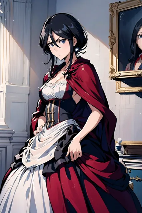 anime girl in a red dress and black cape standing in front of a painting