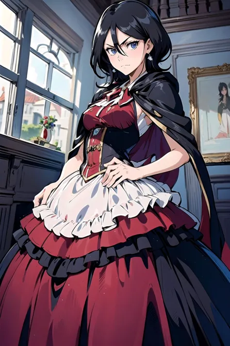 <lora:HerrscherAGGA2023_Rukia_V1:1>, kuchiki rukia, blue eyes, black hair, hair between eyes, <lora:LRGown:0.9>, ballgown, RHG, a woman in a red cape, wearing RHG, wearing a ballgown, (closed mouth:1.4),, (masterpiece, high quality, best quality:1.3), Detailed