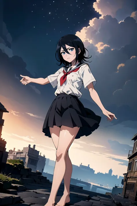 <lora:HerrscherAGGA2023_Rukia_V1:0.9>, kuchiki rukia, blue eyes, black hair, hair between eyes, dress, school uniform, medium breasts, barefoot,, (masterpiece,High quality,best quality:1.4),sharp focus,(intricate, detailed:1.3),(Cinematic lighting),(detailed scenery, epic scenery),(official style, official art, official wallpaper,)