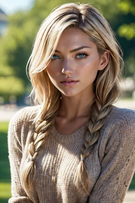 portrait of S412_MarthaHunt,a gorgeous woman,in a (park:1.1),wearing a (sweater:1.1),(braids),(4k, RAW photo, best quality, 50mm...