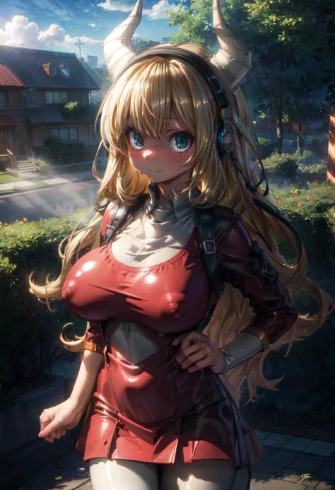 (volumetric lighting, Highres), (Detailed Illustration), Ultra-Detailed, 8k, nsfw, Tsunotori, 1girl, solo, long hair, blonde hair, horns, blue eyes, gigantic breasts, looking at viewer, embarrassed expression, bangs, closed mouth, naked, cowboy shot, stand...